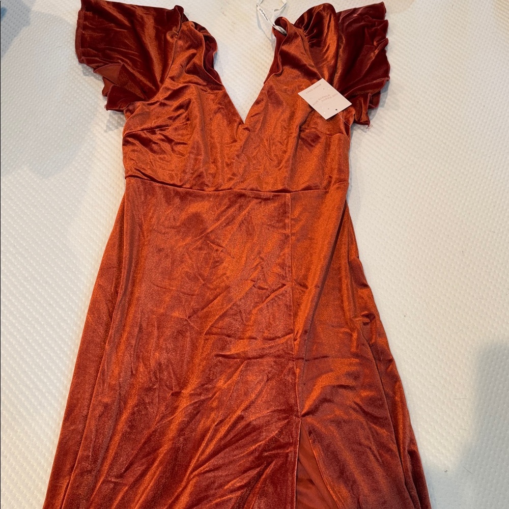 Rust Velvet Dress with Ruffled Sleeves